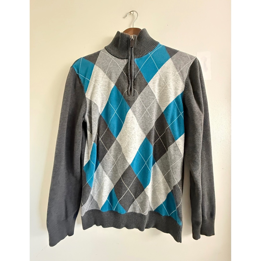 Old Navy Mens Argyle Quarter Zip Sweater Blue Grey Cotton Knit Mock Neck Medium